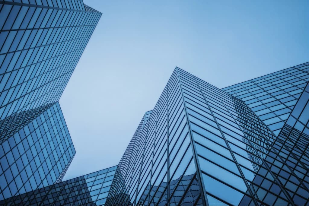 Glass office towers viewed from below